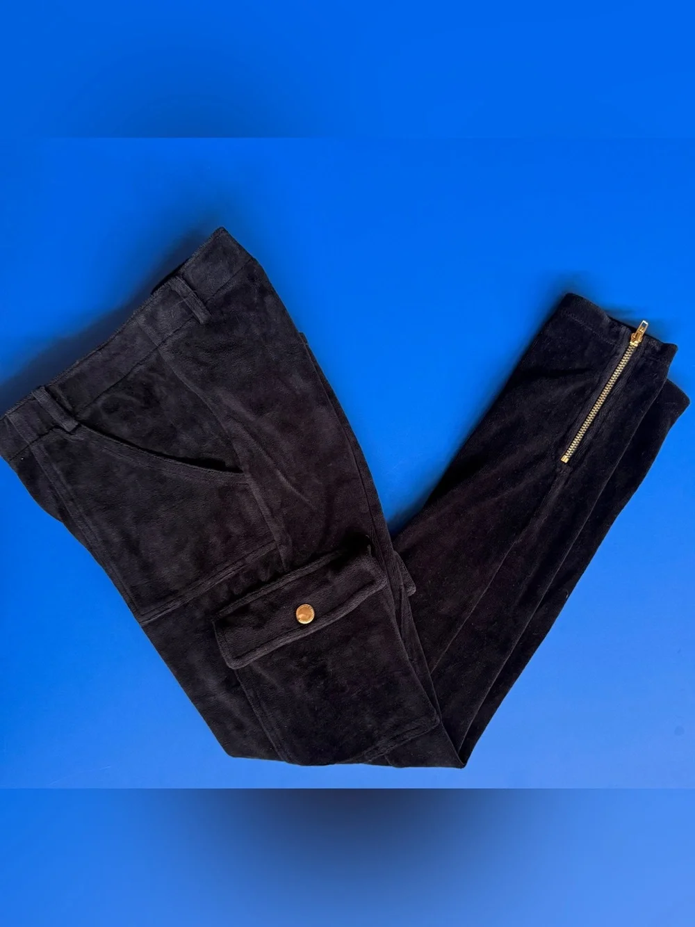 Juicy Couture 2010 Black Velour Cargo Pants Petite Gold Ankle Zip Y2K